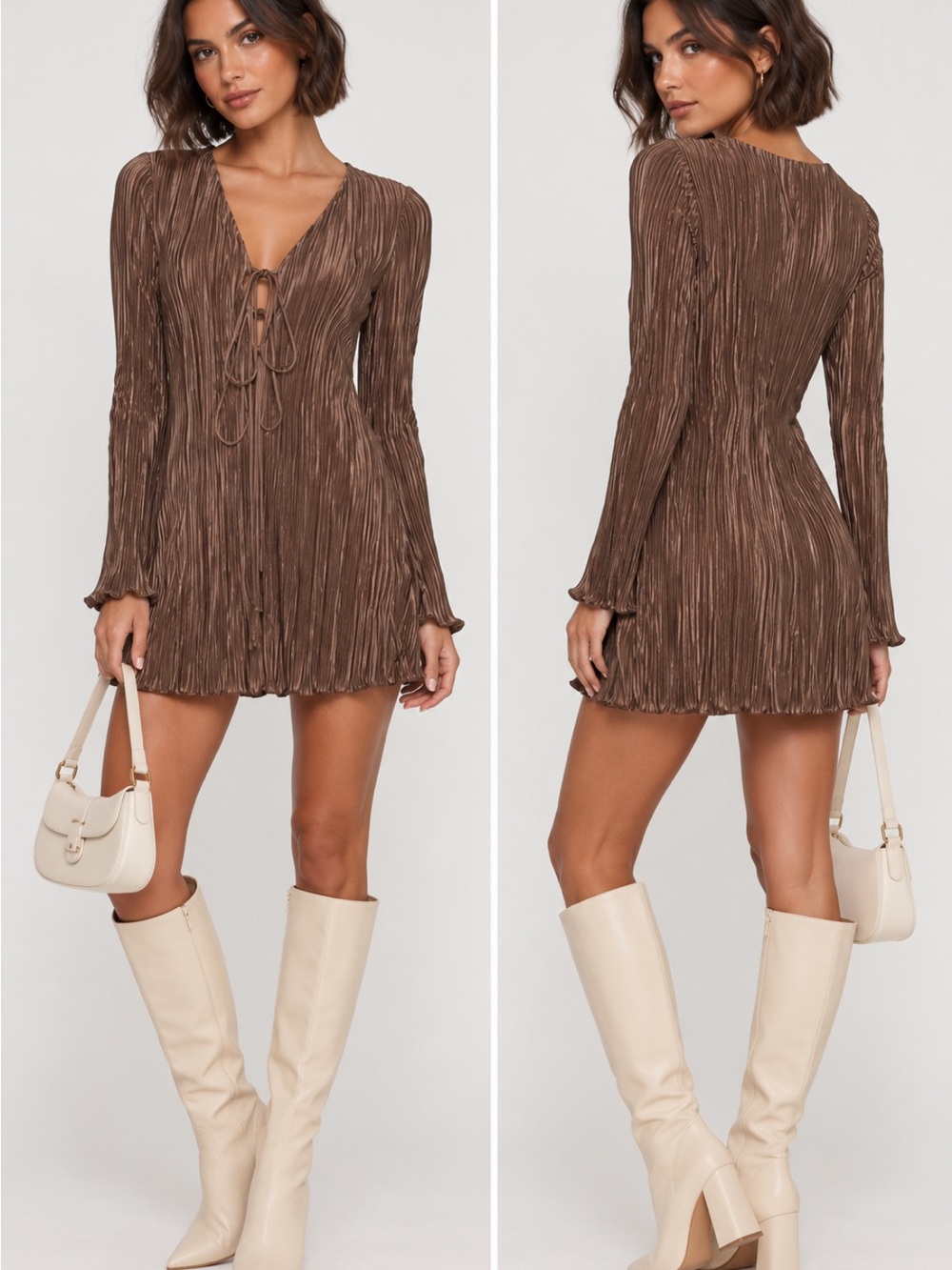 Princess Polly Brown Pleated Tie-Front Mini Dress